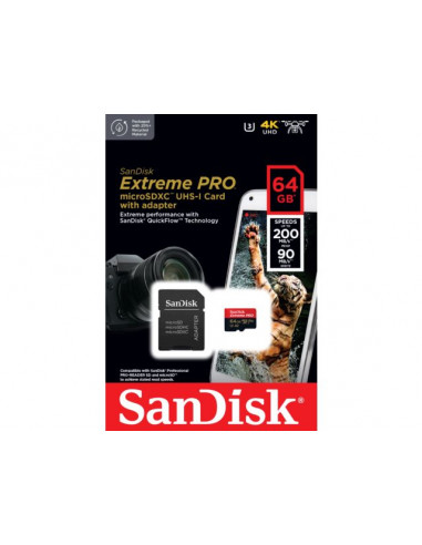 CARTE MEMOIRE MicroSDXC SANDISK Extreme PRO 64GB 200 90 mb s A2 V30 AD